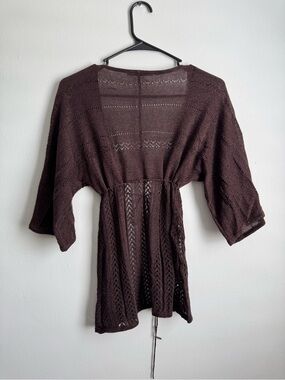 Brown Open-Knit Women's Cardigan Sweater